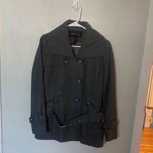 Moda International charcoal grey wool jacket. Belted at the hip